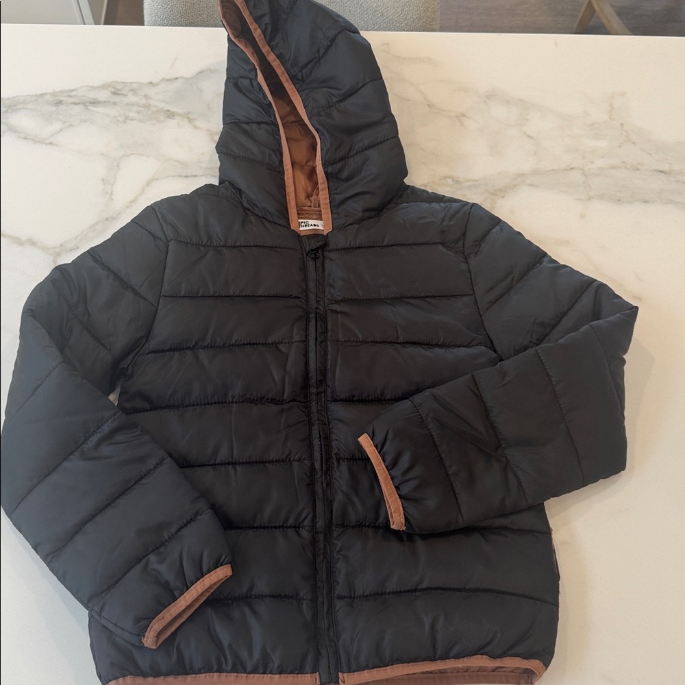 EPIC THREADS Black Puffer Jacket with Brown Trim